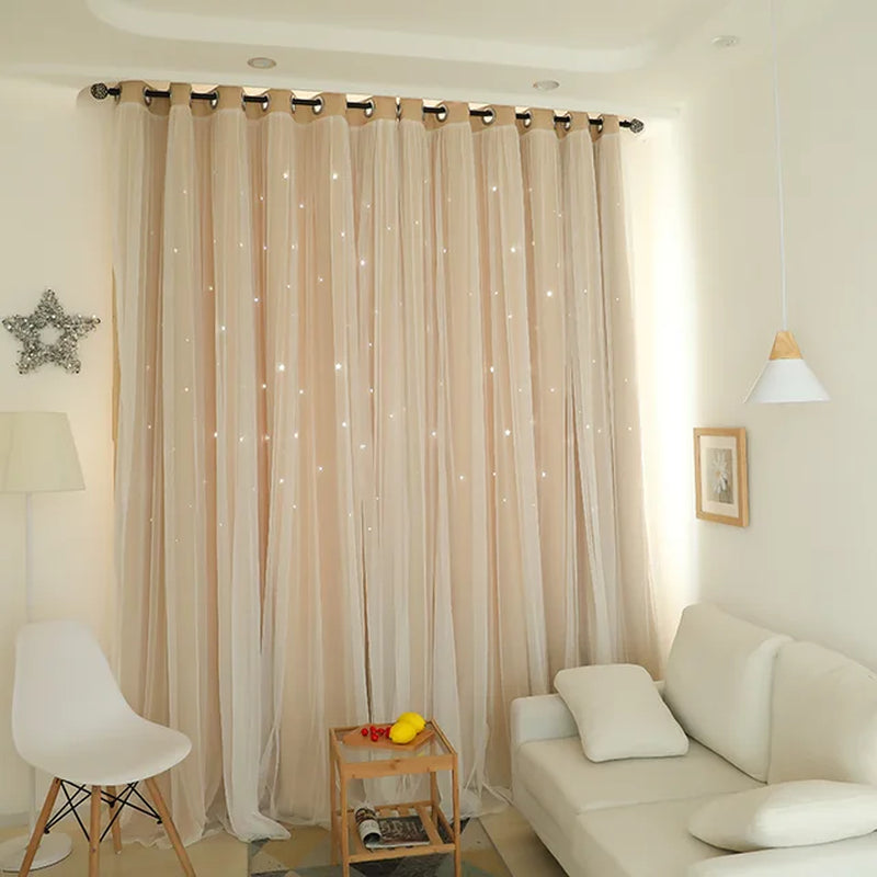 Pink Girl Room Double Lace Hollow Star Curtains for Living Room Bedroom Partition Curtain Balcony Bay Window Home Decoration