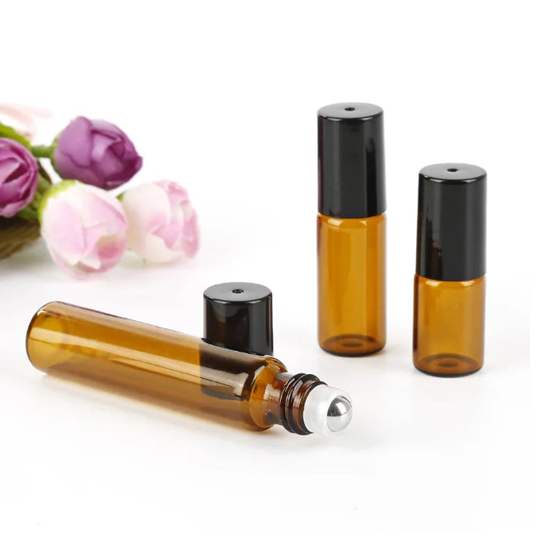 50 Pcs/Lot 1 2 3 5 10Ml Amber Brown Glass Roll-On Bottle with Metal Roller Essential Oil Vials