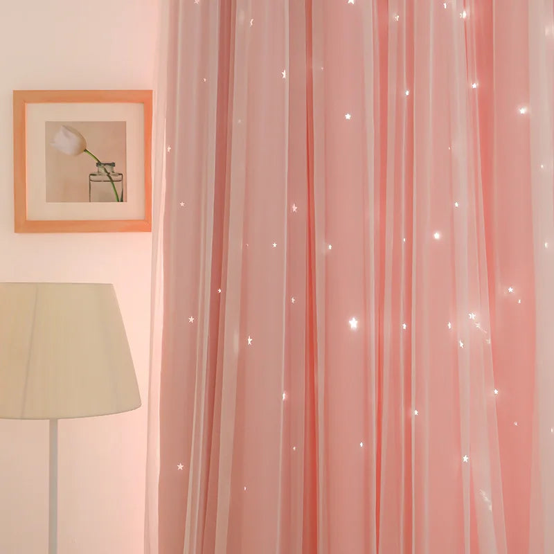 Pink Girl Room Double Lace Hollow Star Curtains for Living Room Bedroom Partition Curtain Balcony Bay Window Home Decoration