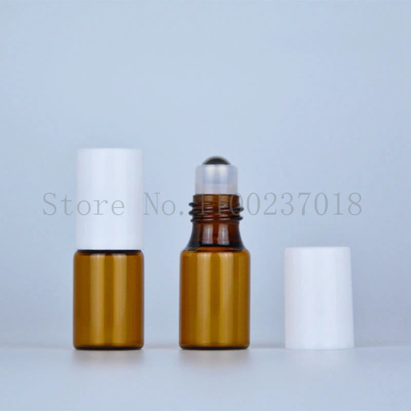 50 Pcs/Lot 1 2 3 5 10Ml Amber Brown Glass Roll-On Bottle with Metal Roller Essential Oil Vials
