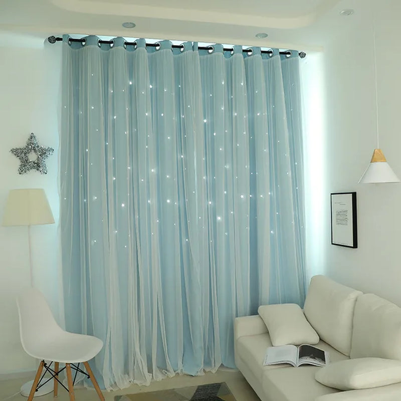 Pink Girl Room Double Lace Hollow Star Curtains for Living Room Bedroom Partition Curtain Balcony Bay Window Home Decoration