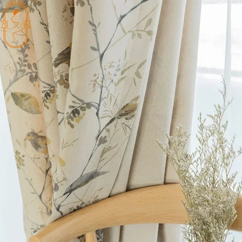 Custom Cotton and for Linen Curtains for Living Room Bedroom Printing Curtains Fabric Bird Branches Retro New Chinese Modern