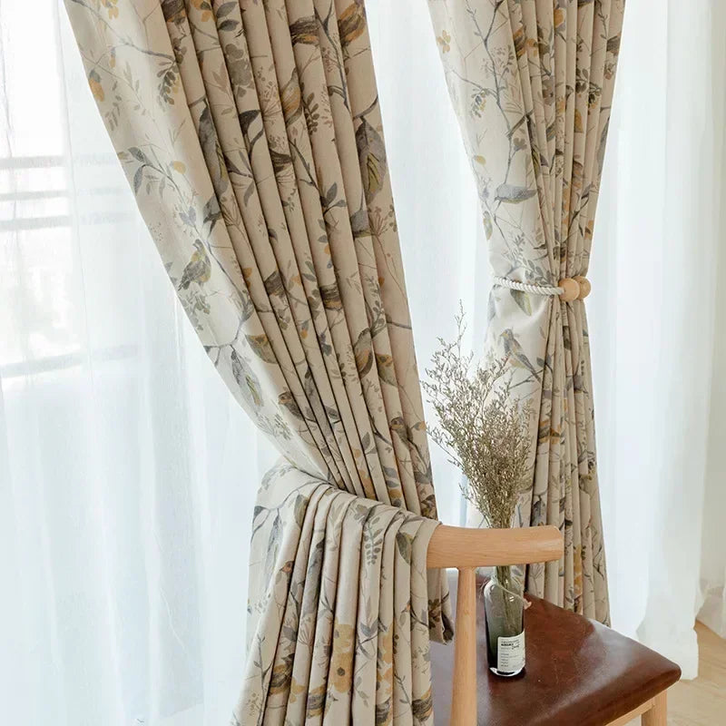 Custom Cotton and for Linen Curtains for Living Room Bedroom Printing Curtains Fabric Bird Branches Retro New Chinese Modern