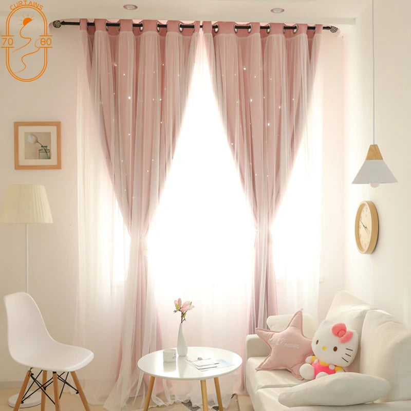 Pink Girl Room Double Lace Hollow Star Curtains for Living Room Bedroom Partition Curtain Balcony Bay Window Home Decoration