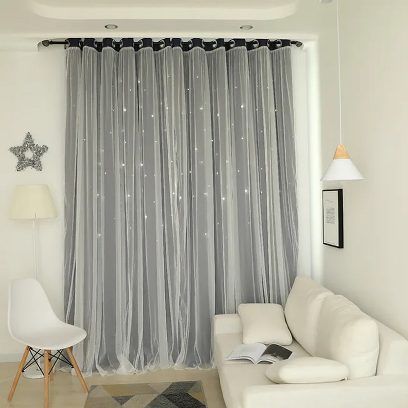 Pink Girl Room Double Lace Hollow Star Curtains for Living Room Bedroom Partition Curtain Balcony Bay Window Home Decoration