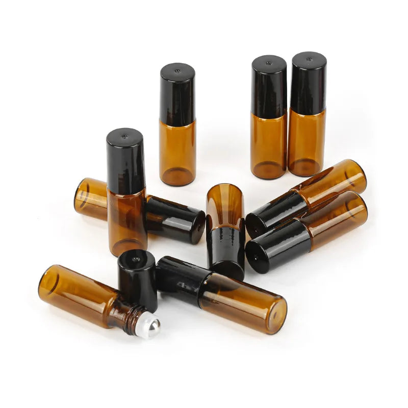 50 Pcs/Lot 1 2 3 5 10Ml Amber Brown Glass Roll-On Bottle with Metal Roller Essential Oil Vials