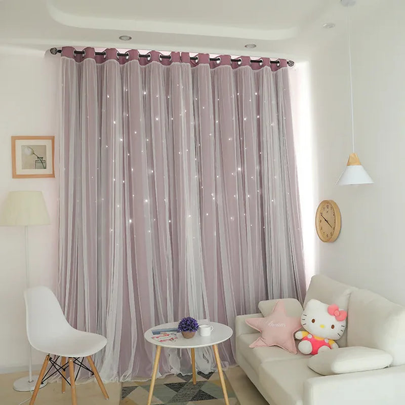 Pink Girl Room Double Lace Hollow Star Curtains for Living Room Bedroom Partition Curtain Balcony Bay Window Home Decoration