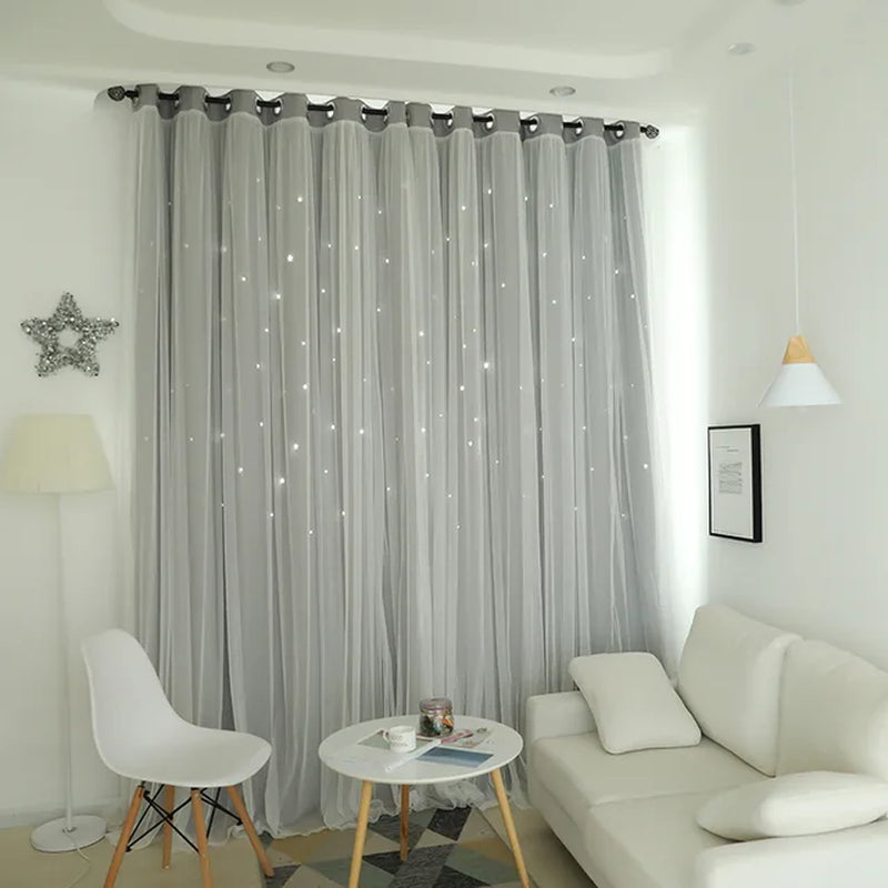 Pink Girl Room Double Lace Hollow Star Curtains for Living Room Bedroom Partition Curtain Balcony Bay Window Home Decoration