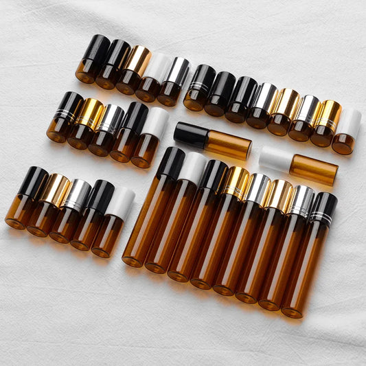 50 Pcs/Lot 1 2 3 5 10Ml Amber Brown Glass Roll-On Bottle with Metal Roller Essential Oil Vials