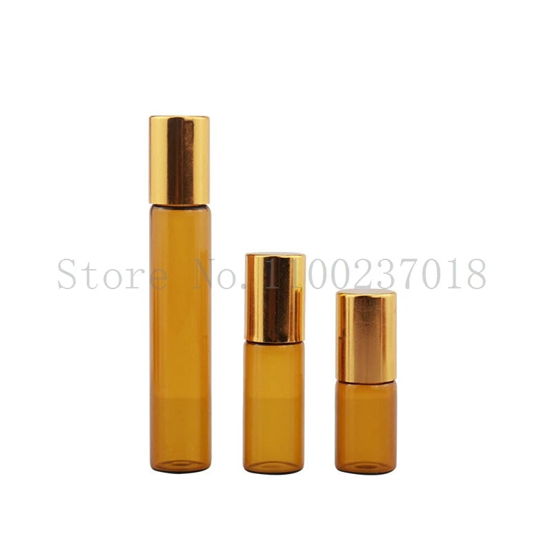 50 Pcs/Lot 1 2 3 5 10Ml Amber Brown Glass Roll-On Bottle with Metal Roller Essential Oil Vials