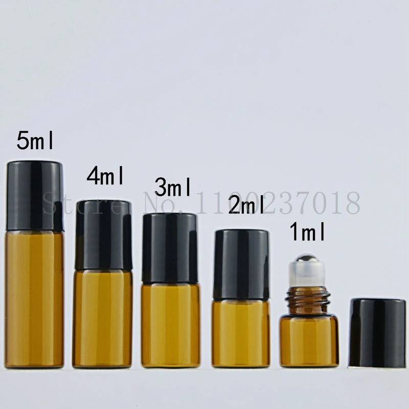 50 Pcs/Lot 1 2 3 5 10Ml Amber Brown Glass Roll-On Bottle with Metal Roller Essential Oil Vials